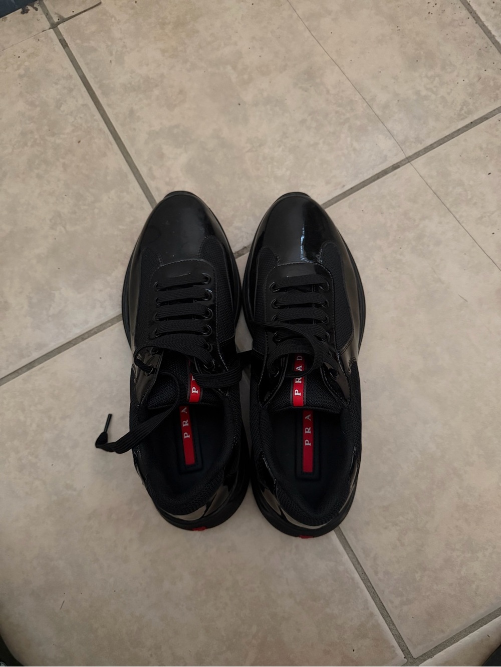Prada Black Patent & Mesh Low-Top Sneakers with Red Logo Tape - Picture 3 of 5